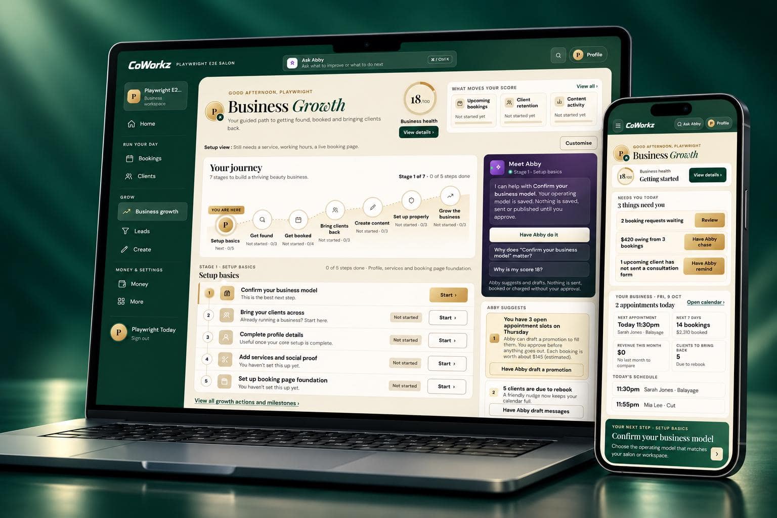 CoWorkz software shown on a laptop and phone: business growth setup, client bookings, daily priorities and Abby assistance.
